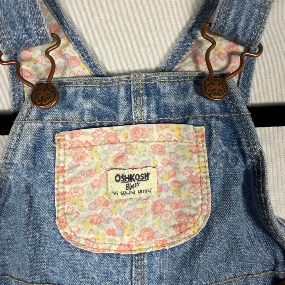 OshKosh Bgosh Baby Girl Floral Denim Overalls 3M Pink Blue Vestbank Bib RARE HTF